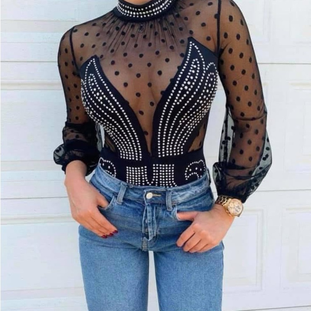 Elegant PolkaDots Mesh long sleeve and rhinestones pattern,